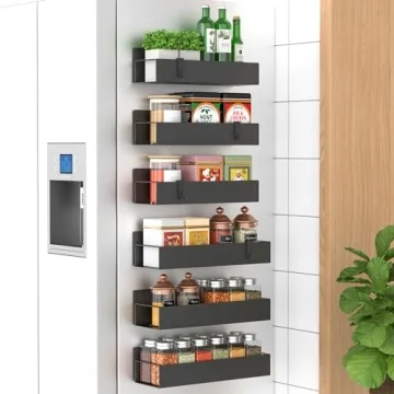 HuggieGems 6 Pack Magnetic Spice Storage Rack Organizer for Refrigerator and Oven, Black Fridge Orga...