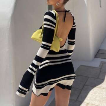 LOUSEA Women's Slim Fit Flared Sleeve Backless Dress Striped Knitted Cocktail Dress Color Block Tie ...