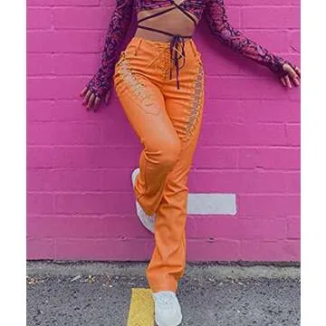 Chic Lace Up PU Leather Pants for Women