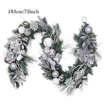 Valery Madelyn Pre-Lit 72 Inch Frozen Winter Silver White Christmas Garland with Shatterproof Ball Ornaments, Snowflakes, Pine Cones, Ribbons and Flowers, Battery Operated 20 LED Lights