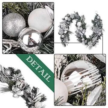 Valery Madelyn Pre-Lit 72 Inch Frozen Winter Silver White Christmas Garland with Shatterproof Ball Ornaments, Snowflakes, Pine Cones, Ribbons and Flowers, Battery Operated 20 LED Lights