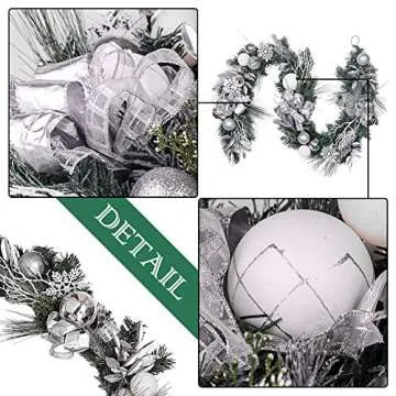 Valery Madelyn Pre-Lit 72 Inch Frozen Winter Silver White Christmas Garland with Shatterproof Ball Ornaments, Snowflakes, Pine Cones, Ribbons and Flowers, Battery Operated 20 LED Lights