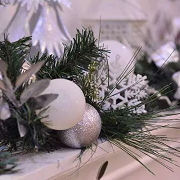 Valery Madelyn Pre-Lit 72 Inch Frozen Winter Silver White Christmas Garland with Shatterproof Ball Ornaments, Snowflakes, Pine Cones, Ribbons and Flowers, Battery Operated 20 LED Lights