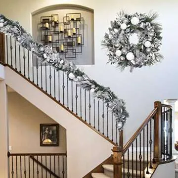 Valery Madelyn Pre-Lit 72 Inch Frozen Winter Silver White Christmas Garland with Shatterproof Ball Ornaments, Snowflakes, Pine Cones, Ribbons and Flowers, Battery Operated 20 LED Lights