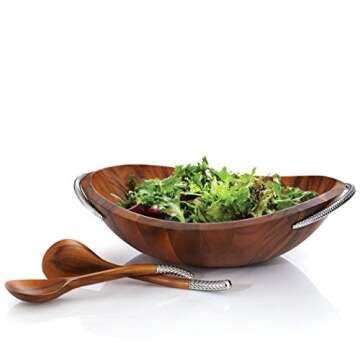 Nambe Braid Salad Bowl with Servers | 3-Piece Set | Large Wooden Serving Bowl for Caesar Salad, Larg...