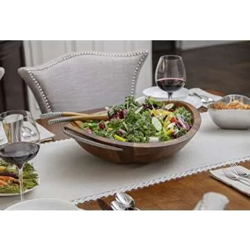 Nambe Braid Salad Bowl with Servers | 3-Piece Set | Large Wooden Serving Bowl for Caesar Salad, Large Salads | Big Salad Bowl with Serving Utensils | Made of Chrome & Acacia Wood (20” L x 16” W)