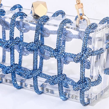 DJBM Clear Acrylic Clutch Sparkle Rhinestone Evening Bag Glitter Crystal-Embellished Rope Knot Handbag Purse for Party Prom, Blue