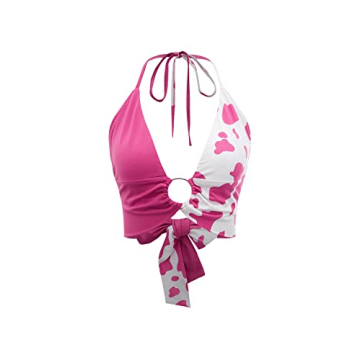 Verdusa Women's Cow Print O Ring Deep V Neck Tie Backless Crop Halter Top