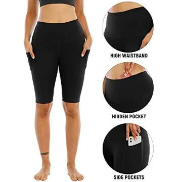 WHOUARE 4 Pack Biker Yoga Shorts with Pockets for Women,High Waisted Athletic Running Workout Gym Shorts Tummy Control,Black,Navy,Dark Gray,Burgundy,L