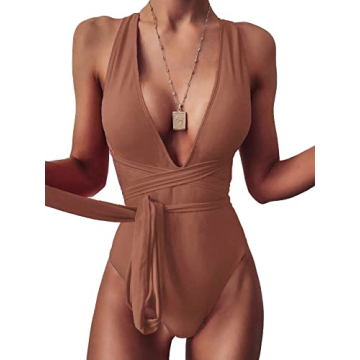 Lilosy Sexy Lace Up Plunge Neck Backless High Waisted Low Cut Leg Rise Thong Cheeky Brazilian 1 Piec...