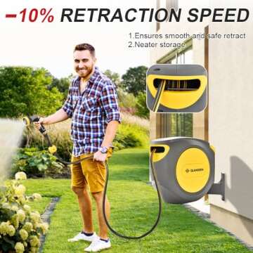 GLAHODEN Retractable Garden Hose Reel 140 ft x 1/2 in Heavy Duty UV Protection Water Hose Reels for Outside, Any Length Ratchet Lock Frost-proof Materials Slow Return System Automatic Rewind