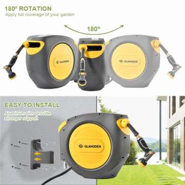 GLAHODEN Retractable Garden Hose Reel 140 ft x 1/2 in Heavy Duty UV Protection Water Hose Reels for Outside, Any Length Ratchet Lock Frost-proof Materials Slow Return System Automatic Rewind