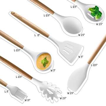 Silicone Cooking Utensils | Wooden Handle, Non-Stick Cookware Heat Resistant Kitchen Utensil Spatula, Slotted & Solid Spoon, Soup Ladle, Slotted Turner and Spaghetti Server - White