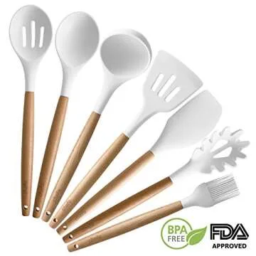 Silicone Cooking Utensils | Wooden Handle, Non-Stick Cookware Heat Resistant Kitchen Utensil Spatula, Slotted & Solid Spoon, Soup Ladle, Slotted Turner and Spaghetti Server - White