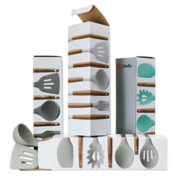 Silicone Cooking Utensils | Wooden Handle, Non-Stick Cookware Heat Resistant Kitchen Utensil Spatula, Slotted & Solid Spoon, Soup Ladle, Slotted Turner and Spaghetti Server - White