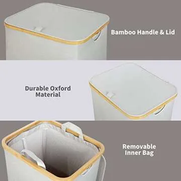 efluky Laundry Basket with Lid and Removable Bag, 100L Tall Laundry Hamper with Bamboo Handles, Aesthetic Dirty Clothes Bin for Laundry Room, Bathroom, Bedroom and Dorm, Light Grey