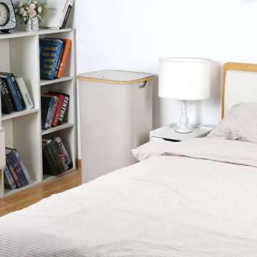 efluky Laundry Basket with Lid and Removable Bag, 100L Tall Laundry Hamper with Bamboo Handles, Aesthetic Dirty Clothes Bin for Laundry Room, Bathroom, Bedroom and Dorm, Light Grey