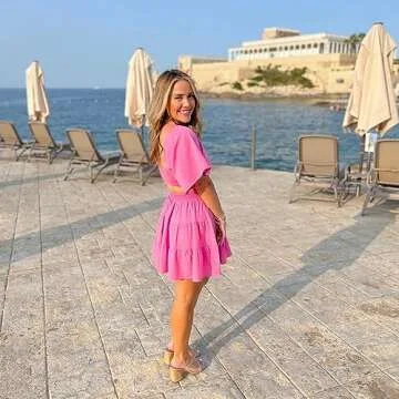 Shy Velvet Women's Summer Dress Square Neck Short Sleeves Crossover Waist Casual Party Mini Dress Pink
