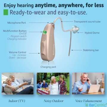 EarCentric EasyCharge Rechargeable Hearing Aids (Pair) for Seniors, Behind-The-Ear BTE Ear Aid PSAP digital Personal sound amplification products devices with Noise Cancellation (Beige)