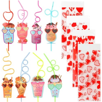 JELMOK Valentines Day Cards for Kids School, 32 Set Valentine Day Gifts Exchange Cards Crazy Straws ...