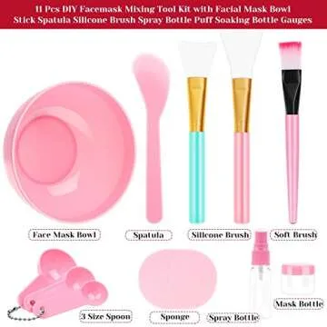 anezus 11 Pcs DIY Facial mask Mixing Tool Kit with Bowl Stick Spatula Silicone Brush Spray Bottle Pu...