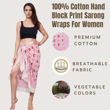 Elegant Swimsuit Coverup For Women |100% Cotton Hand Block Print Pink Sarong Wraps,Resort Wear Beach...