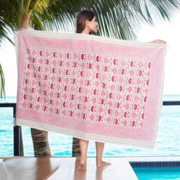 Elegant Swimsuit Coverup For Women |100% Cotton Hand Block Print Pink Sarong Wraps,Resort Wear Beach Vacation Clothes For Women(Pink 5)