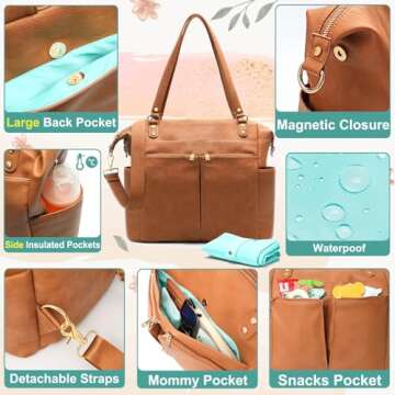 MOMINSIDE Diaper Bag Tote, 4 in 1 Leather Diaper Bag Backpack with 14 Pockets, Convertible Baby Bag for Boys Girls, Baby Registry, Changing Pad, 4 Large Insulated Pockets(Brown)
