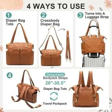 MOMINSIDE Diaper Bag Tote, 4 in 1 Leather Diaper Bag Backpack with 14 Pockets, Convertible Baby Bag for Boys Girls, Baby Registry, Changing Pad, 4 Large Insulated Pockets(Brown)