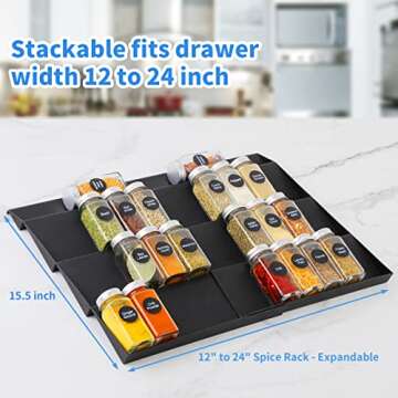 e Drawer Organizer, 4 Tier Spice Rack Organizer for Cabinet Drawer, 2 Pack Expandable Seasoning Organizer Insert from 12" to 24", Drawer Spice Rack Tray for Cabinet/Countertop (Black)