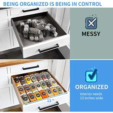 e Drawer Organizer, 4 Tier Spice Rack Organizer for Cabinet Drawer, 2 Pack Expandable Seasoning Organizer Insert from 12" to 24", Drawer Spice Rack Tray for Cabinet/Countertop (Black)