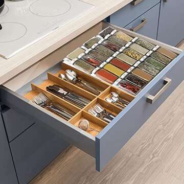 e Drawer Organizer, 4 Tier Spice Rack Organizer for Cabinet Drawer, 2 Pack Expandable Seasoning Organizer Insert from 12" to 24", Drawer Spice Rack Tray for Cabinet/Countertop (Black)