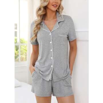 Women Pajamas Set Short Sleeve Button Down Sleepwear Nightgowns Soft Pjs Shorts Lounge Sets Light Gr...