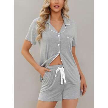 Women Pajamas Set Short Sleeve Button Down Sleepwear Nightgowns Soft Pjs Shorts Lounge Sets Light Grey L