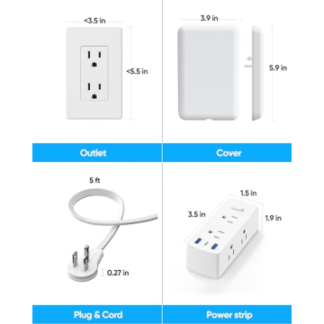 Flat Extension Cord with Power Strip - 6 Outlets