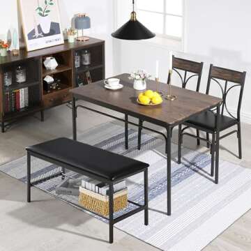 VECELO Kitchen Dining Table Set with Upholstered Bench & 2 Chairs | Space-Saving Compact Design | Pe...