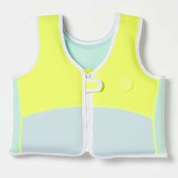 SUNNYLiFE Swim Vest - Constructed with Neoprene Plus a Secure Front Zip and Adjustable Safety Strap to Develop Water Confidence. | Toddler Swim Vest (Salty The Shark | Aqua Neon Yellow, 3-6)