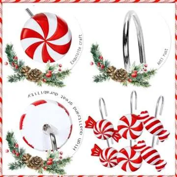 Whaline 12Pcs Christmas Shower Curtain Hooks 3 Styles Christmas Candy Curtain Hangers Hooks Red White Xmas Decorative Curtain Rings for Bathroom Holiday Ornament Supplies