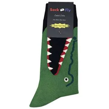 SockFly Crocodile Chomp Dress Socks Funny Novelty Crazy Fun Design Men Size 8-12 Cotton Casual Crew Colorful Funky Fancy Socks Gift for Men