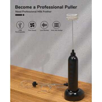 Milk Frother, BEAUTLIFE Rechargeable Frother Handheld for Coffee, Electric Whisk Foam Maker Drink Mixer with 3 Stainless Whisks 3 Speed for Lattes Cappuccino Frappe Matcha Hot Chocolate (Black)