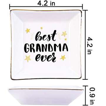 UMEELR Best Grandma Ever Ceramic Ring Trinket Dish Jewelry Tray, Trinket Tray with Golden Edged Deco...
