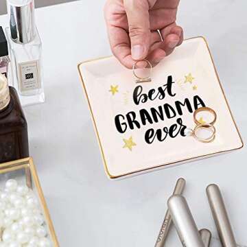 UMEELR Best Grandma Ever Ceramic Ring Trinket Dish Jewelry Tray, Trinket Tray with Golden Edged Decor from Granddaughter Grandson for Mother's Day Birthday Thanksgiving Valentine's Christmas Gift