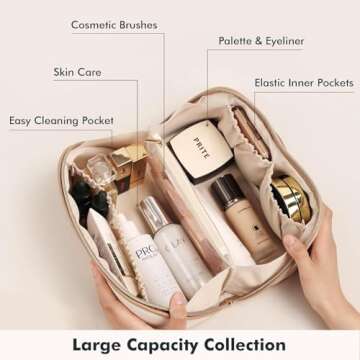 Prite Large Capacity Cosmetic Bag for Women Portable Waterproof PU Leather Makeup Bag Open Flat Makeup Organizer With Clear Divider and Handle(Beige)
