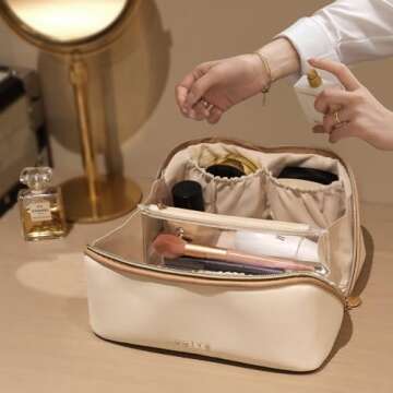 Prite Large Capacity Cosmetic Bag for Women Portable Waterproof PU Leather Makeup Bag Open Flat Makeup Organizer With Clear Divider and Handle(Beige)