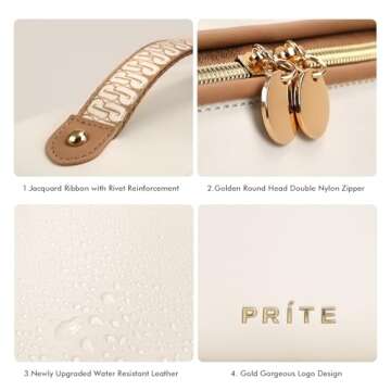 Prite Large Capacity Cosmetic Bag for Women Portable Waterproof PU Leather Makeup Bag Open Flat Makeup Organizer With Clear Divider and Handle(Beige)