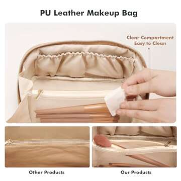 Prite Large Capacity Cosmetic Bag for Women Portable Waterproof PU Leather Makeup Bag Open Flat Makeup Organizer With Clear Divider and Handle(Beige)