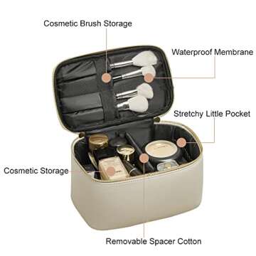 Veki Travel Makeup Bag Large Leather Cosmetic Bags for Women, Portable Make Up Train Case with Adjustable Divider, Toiletry Bag Organizer for Cosmetics Brushes (Beige)