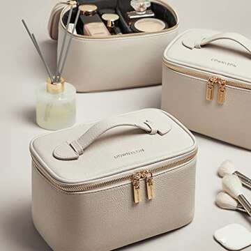 Veki Travel Makeup Bag Large Leather Cosmetic Bags for Women, Portable Make Up Train Case with Adjustable Divider, Toiletry Bag Organizer for Cosmetics Brushes (Beige)