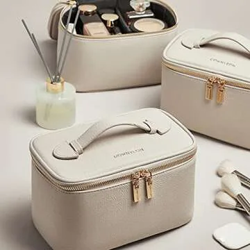 Veki Travel Makeup Bag Large Leather Cosmetic Bags for Women