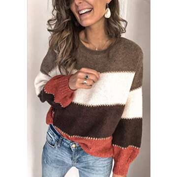 Angashion Women's Sweaters Casual Long Sleeve Crewneck Color Block Patchwork Pullover Knit Sweater Tops Khaki M